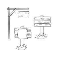 ensemble monochrome d'icônes, tableaux d'affichage, vieux panneaux en bois sur un poteau, illustration vectorielle en style cartoon sur fond blanc vecteur