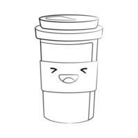 style de contour mignon une tasse de thé ou de café pour aller icône isolé sur fond blanc. autocollant de dessin animé. illustration de nourriture souriante kawaii. style de contour de dessin animé plat. coloriage. vecteur