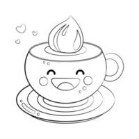 style de contour mignon tasse d'icône de vecteur de café isolé sur fond blanc. autocollant de dessin animé. illustration de nourriture souriante kawaii. style de contour de dessin animé plat. coloriage.