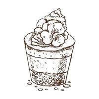 dessert sucré crémeux savoureux. illustration monochrome vectorielle vintage. croquis dessiné à la main d'un délicieux cup cake avec dessus crème et fleur. concevoir un élément de produit gastronomique. vecteur