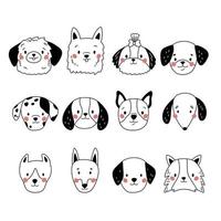 visages de chiens de griffonnage. têtes de chiots dessinés à la main. différentes races de chiens de dessins animés. illustration vectorielle. vecteur