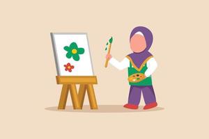 une petite fille musulmane avec un pinceau dessine des peintures ou des images. concept d'activité de maternelle. illustration de vecteur plat isolé.
