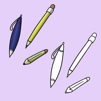 un ensemble d'images, un stylo et des crayons d'écriture bleus, une illustration vectorielle en style dessin animé sur un fond coloré vecteur