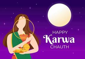 karwa chauth festival illustration de dessin animé plat dessiné à la main pour commencer la nouvelle lune en voyant le lever de la lune en novembre des épouses pour leurs maris vecteur