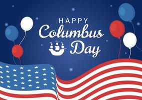 joyeux jour de columbus fête nationale illustration de dessin animé dessiné à la main avec des vagues bleues, une boussole, un navire et des drapeaux américains sur fond de style plat vecteur