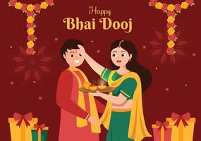 joyeux bhai dooj célébration du festival indien illustration de dessin animé dessiné à la main des sœurs prient pour la protection des frères avec un point sur son front vecteur