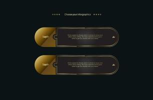 deux boutons dorés, symboles, icônes, étapes de conception de modèles de flux de travail et vecteur infographique polyvalent sur fond sombre