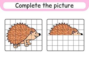 compléter le tableau hérisson. copier l'image et la couleur. terminer l'image. livre de coloriage. jeu d'exercices de dessin éducatif pour les enfants vecteur