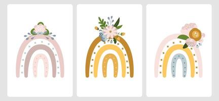 collection de cartes de voeux avec arc-en-ciel mignon et fleurs dans un style scandinave de dessin animé. pour les vacances des enfants, pour un nouveau-né vecteur