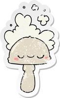 autocollant en détresse d'un champignon de dessin animé avec un nuage de spores vecteur