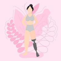 illustration vectorielle sur le thème de la positivité corporelle. une fille avec une jambe prothétique, avec des cheveux noirs réunis en chignon sur un fond de belles feuilles. style plat vecteur
