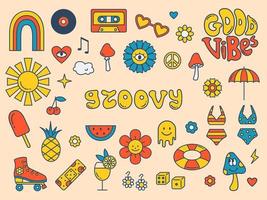 ensemble d'été groovy. autocollants hippie rétro des années 70. ondes positives. autocollants colorés groovy avec cassette, patin à roulettes, coeurs, fleurs, champignons. vecteur