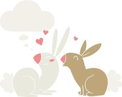 lapins de dessin animé amoureux et bulle de pensée dans un style rétro vecteur