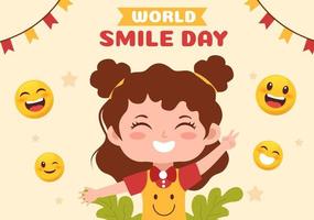 illustration de dessin animé dessiné à la main de la journée mondiale du sourire avec des enfants souriants et un visage de bonheur dans un fond de style plat vecteur