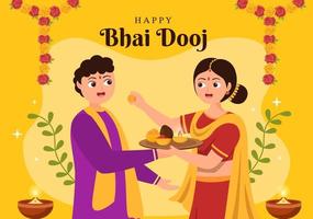 joyeux bhai dooj célébration du festival indien illustration de dessin animé dessiné à la main des sœurs prient pour la protection des frères avec un point sur son front