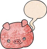 dessin animé cochon heureux et bulle de dialogue dans un style de texture rétro vecteur