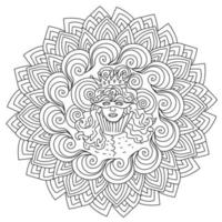 page de coloriage de mandala avec portrait féminin abstrait au centre et couronne, illustration de contour de festival de vacances vecteur