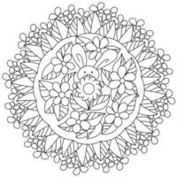 coloriage mandala de fleurs avec lapin de pâques au centre, motifs floraux et fantaisie en rond vecteur