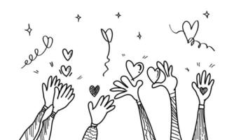 doodle mains en l'air, mains applaudissant avec amour. gestes d'applaudissements. donner et partager votre amour aux gens. illustration vectorielle vecteur