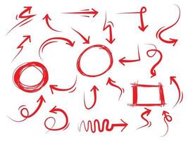 ensemble d'icônes de flèches dessinées à la main. flèches rouges avec différentes directions. illustration vectorielle de griffonnage. isolé sur fond blanc vecteur