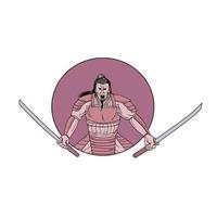 guerrier samouraï enragé deux épées dessin ovale