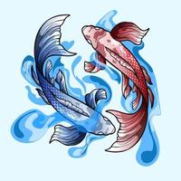 poisson koi dessiné à la main, illustration vectorielle de fleurs japonaises tropicales. carpe koi colorée avec éclaboussures d'eau, lotus et fleur de pivoine. imprimer pour le graphique de t-shirt et d'autres utilisations. vecteur