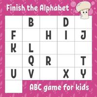 terminer l'alphabet. jeu abc pour les enfants. feuille de travail de développement de l'éducation. jeu d'apprentissage pour les enfants. page d'activité en couleur. vecteur