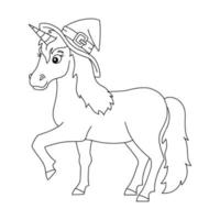 licorne dans un chapeau. cheval de fée magique. thème d'Halloween. page de livre de coloriage pour les enfants. style bande dessinée. illustration vectorielle isolée sur fond blanc. vecteur