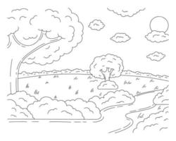magnifique paysage naturel. route dans la clairière de la forêt. page de livre de coloriage pour les enfants. style bande dessinée. illustration vectorielle isolée sur fond blanc. vecteur