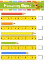 objet de mesure avec règle. feuille de travail de développement de l'éducation. jeu pour les enfants. page d'activité en couleur. casse-tête pour les enfants. personnage mignon. illustration vectorielle. style bande dessinée. vecteur