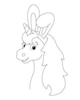 tête de licorne magique avec des oreilles de lapin. cheval féerique. page de coloriage pour les enfants. tampon numérique. personnage de style dessin animé. illustration vectorielle isolée sur fond blanc. vecteur