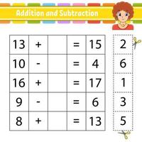 addition et soustraction. tâche pour les enfants. couper et coller. feuille de travail de développement de l'éducation. page d'activité. jeu pour les enfants. drôle de personnage. illustration vectorielle isolée. style de bande dessinée. vecteur