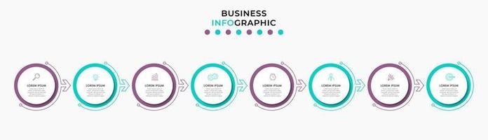 modèle d'entreprise de conception infographique vectorielle avec icônes et 8 options ou étapes. peut être utilisé pour le diagramme de processus, les présentations, la mise en page du flux de travail, la bannière, l'organigramme, le graphique d'informations vecteur