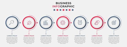 vecteur de modèle de conception infographique d'entreprise avec des icônes et 7 options ou étapes. peut être utilisé pour le diagramme de processus, les présentations, la mise en page du flux de travail, la bannière, l'organigramme, le graphique d'informations