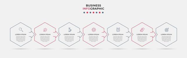 vecteur de modèle de conception infographique d'entreprise avec des icônes et 7 options ou étapes. peut être utilisé pour le diagramme de processus, les présentations, la mise en page du flux de travail, la bannière, l'organigramme, le graphique d'informations