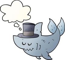 requin de dessin animé portant un chapeau haut de forme et une bulle de pensée dans un style de dégradé lisse vecteur