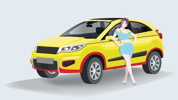 vecteur ou illustration de vendeuse ou jolie avec voiture électrique suv couleur jaune. présentation dans le showroom de couleur blanche. peut voir à l'intérieur de la voiture.