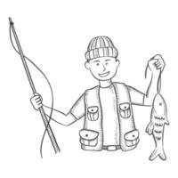 pêche pêcheur attraper du poisson isolé doodle croquis dessiné à la main avec style de contour vecteur