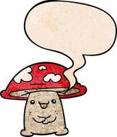 personnage de champignon de dessin animé et bulle de dialogue dans un style de texture rétro vecteur