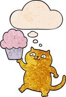 chat de dessin animé avec cupcake et bulle de pensée dans le style de motif de texture grunge vecteur