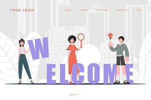 bienvenue page de destination équipe diversifiée de personnes page d'accueil pour votre site web. style de caractère à la mode. illustration précédente. vecteur