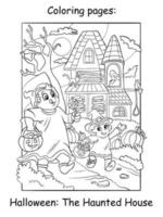 coloriage halloween les enfants passent devant une illustration vectorielle de maison hantée vecteur