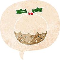 dessin animé pudding de noël et bulle de dialogue dans un style texturé rétro vecteur