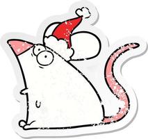 dessin animé autocollant en détresse d'une souris effrayée portant un bonnet de noel vecteur