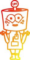 ligne de gradient chaud dessinant un robot de dessin animé heureux haussant les épaules vecteur