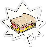 dessin animé jambon fromage tomate sandwich et bulle de dialogue autocollant en détresse vecteur