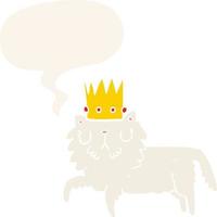 chat de dessin animé portant une couronne et une bulle de dialogue dans un style rétro
