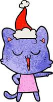 dessin animé texturé d'un chat chantant portant un bonnet de noel vecteur