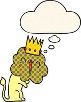 lion de dessin animé avec couronne et bulle de pensée dans le style de la bande dessinée