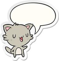 chat heureux de dessin animé et autocollant de bulle de dialogue vecteur